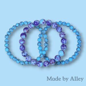 Handmade Purple-Blue Jasper & Turquoise 3 piece Round Beaded Bracelet Set